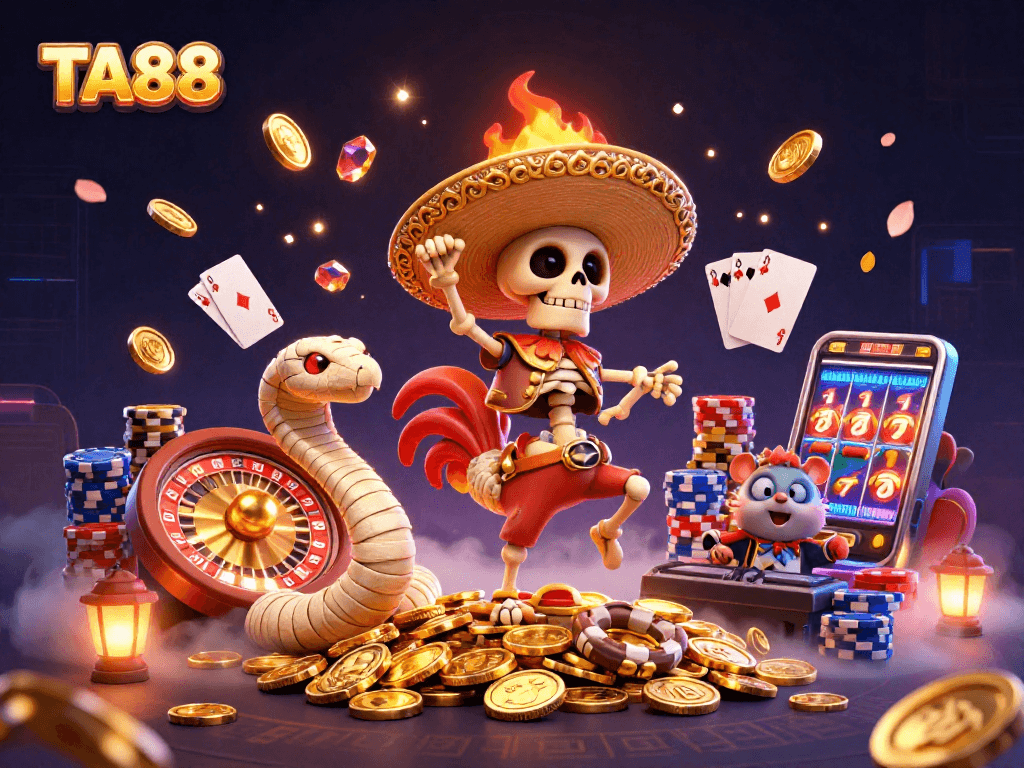 TA88 showcases a lively scene with a cartoon mariachi rooster dancing on gold coins in a vibrant casino