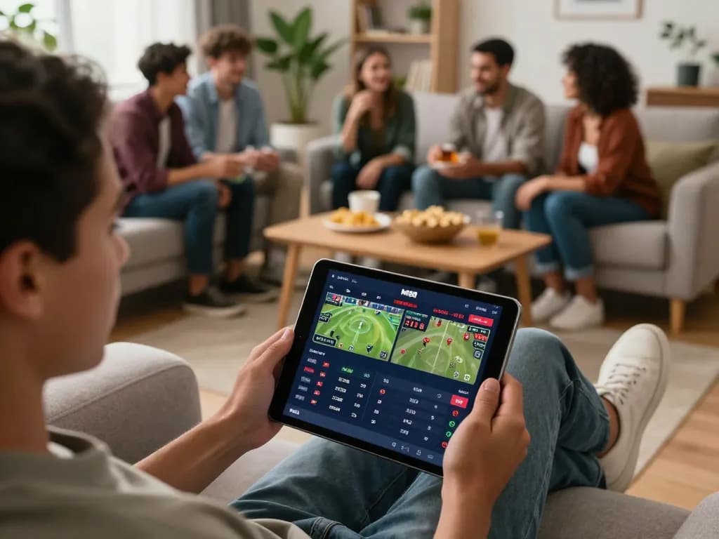 TẢI MI88 app displayed on tablet by user engaged in sports betting in a cozy home setting