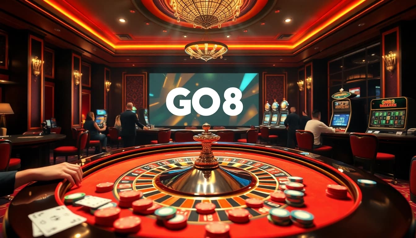 Experience the thrill of khuyến mãi GO8 with vibrant casino ambiance, featuring roulette and excited players.