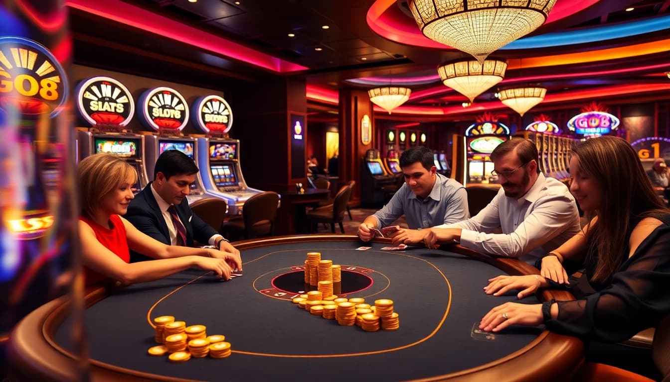 Experience thrilling poker action at a luxurious casino showcasing the go8 brand in design.