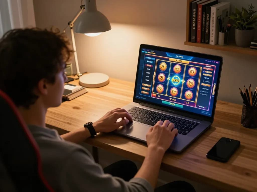 Player enjoying F8BET gaming experience on laptop with bright slot game interface
