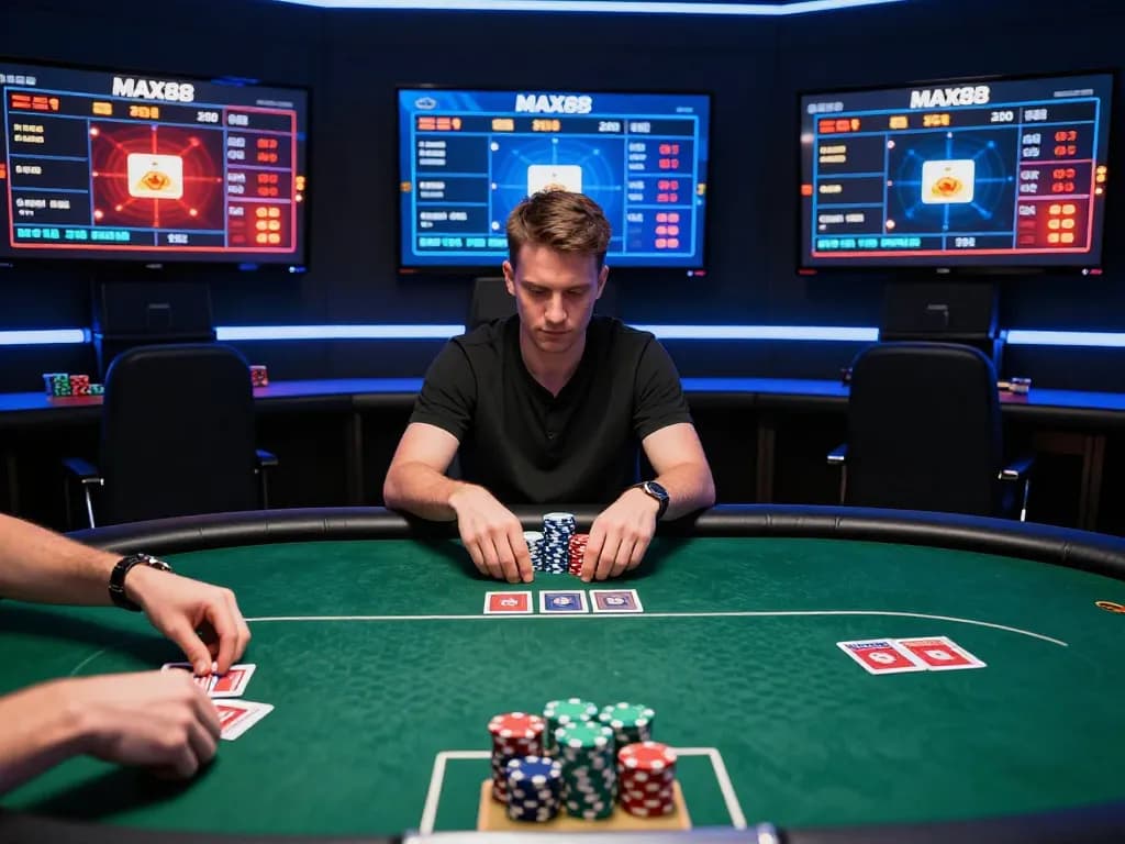 Players strategizing their bets at NHÀ CÁI MAX88 online poker, showcasing engagement and excitement.