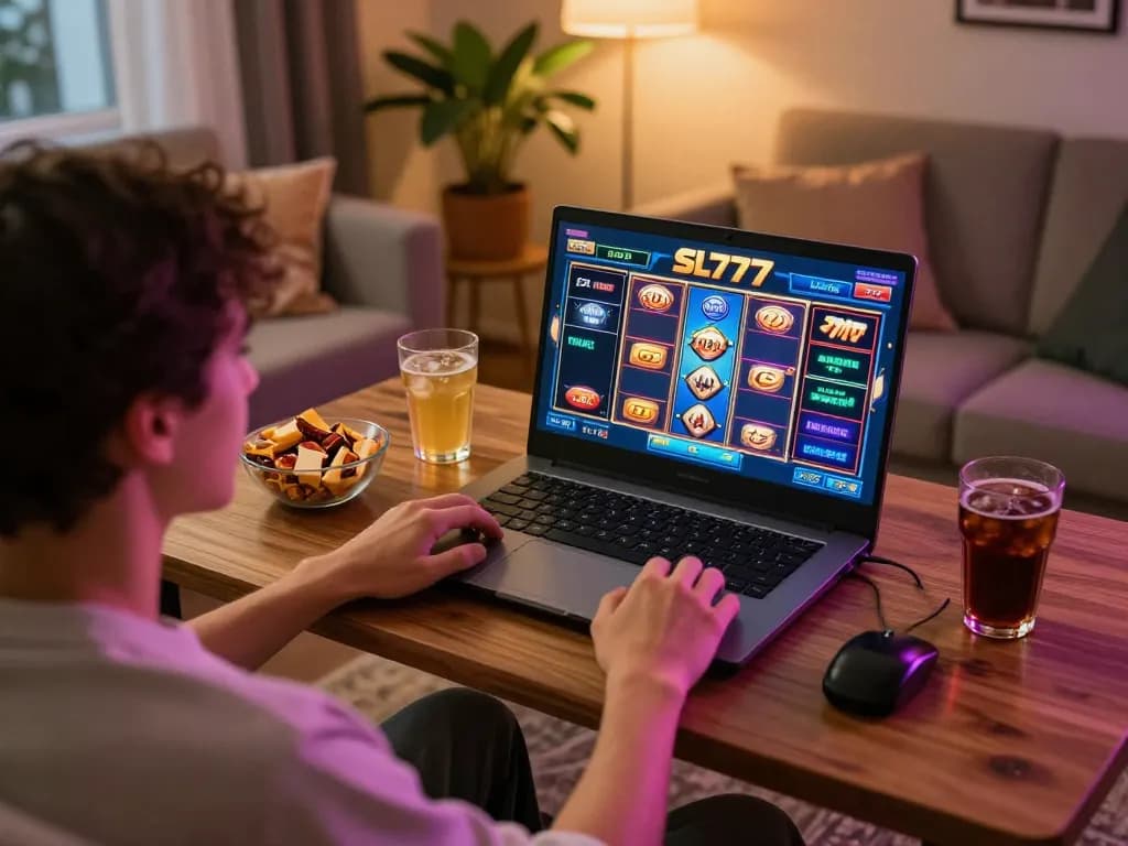 Pemain menikmati permainan kasino online sl777 di laptop, camilan di meja menciptakan suasana yang nyaman.