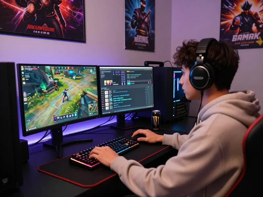 Gamer engaged with a dual-monitor setup from https://rikviprent.com showcasing vibrant game interface and lively chat interactions.