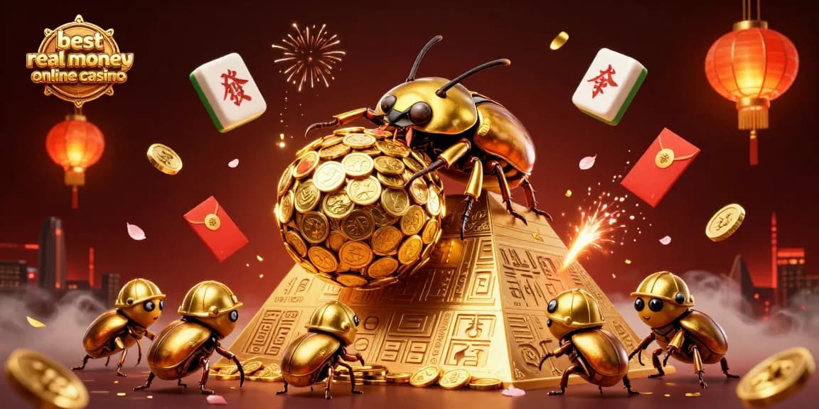 Experience the best real money online casino, joining a golden beetle and friends in a vibrant, action-packed scene.