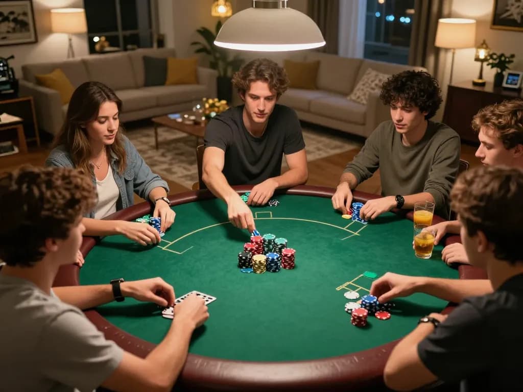 Players at a poker night focused on strategy while enjoying casual drinks, cm88z chip stacks visible.