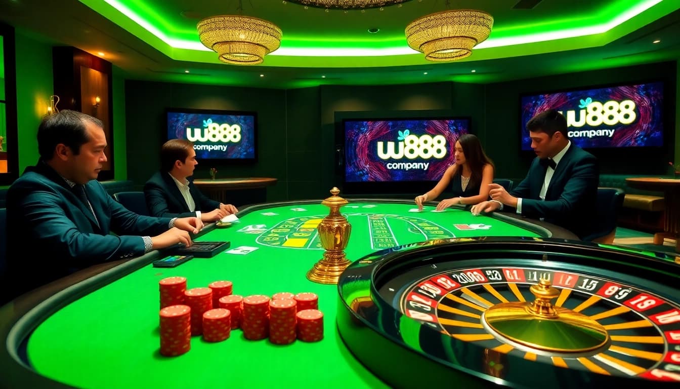 Engaging poker players at a luxurious table showcasing uu88.company amidst vibrant casino ambiance.