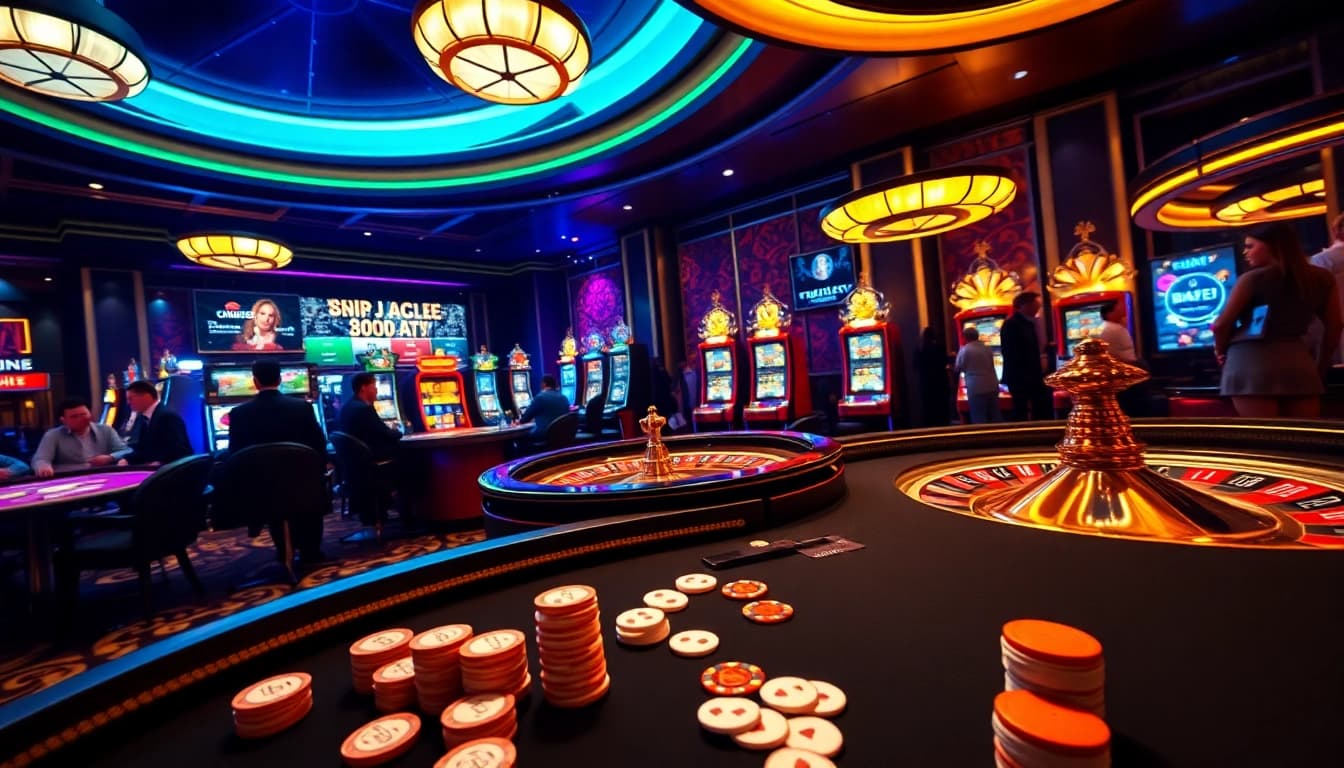 Engage with thrilling casino action at https://8kbet3.com/ showcasing vibrant poker tables and roulette wheels.