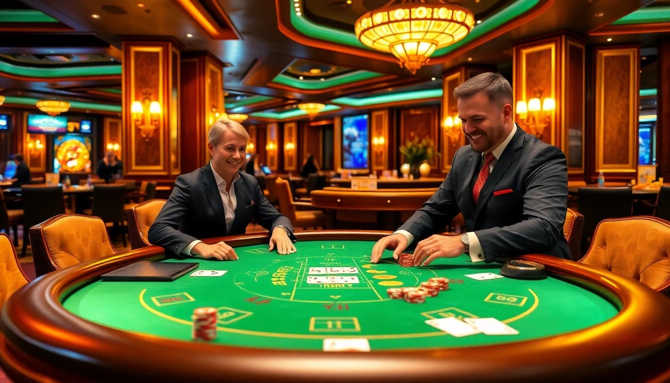 Engaging in strategic free credit baccarat with vibrant chips and a friendly dealer at a luxury casino table.