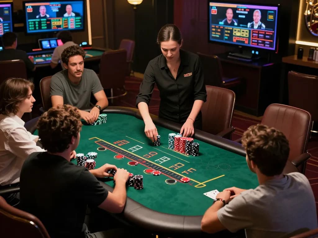 Players strategic at blackjack table in online setting with 555win showing live game.
