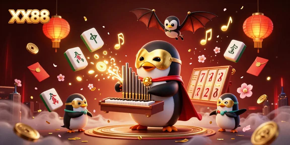 Experience thrilling gameplay at XX88 with a vibrant casino scene featuring a cartoon opera penguin.