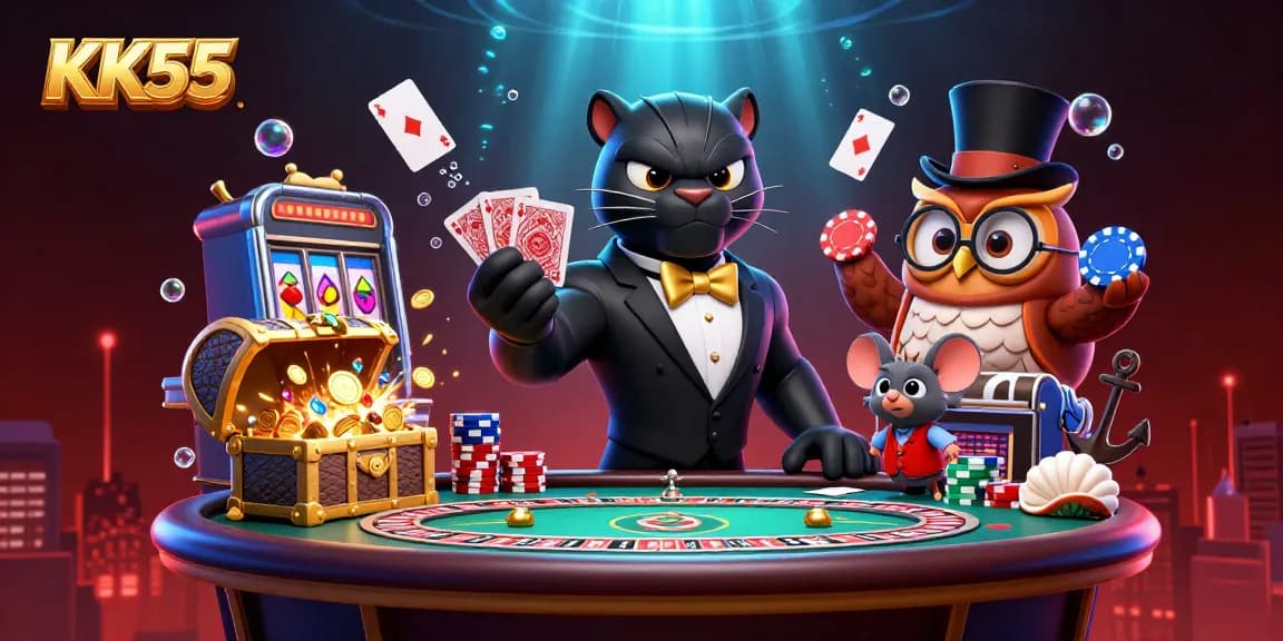 Experience exciting gameplay at KK55 with our vibrant 3D casino illustration showcasing thrilling card dealing and poker action.