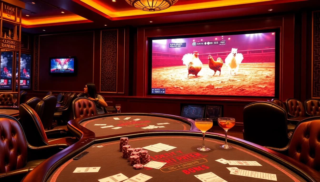 Watch đá gà trực tiếp thomo in a luxurious casino setting with live action and immersive atmosphere.