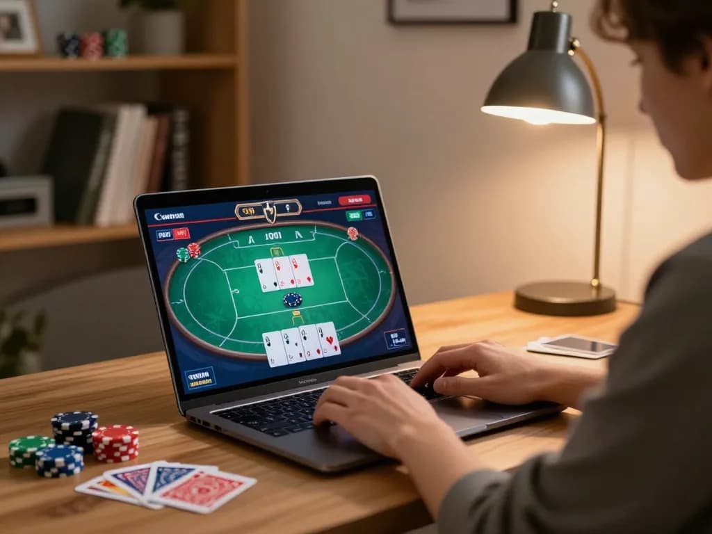 MM88 player engaged in an online poker game from a stylish home office setup.