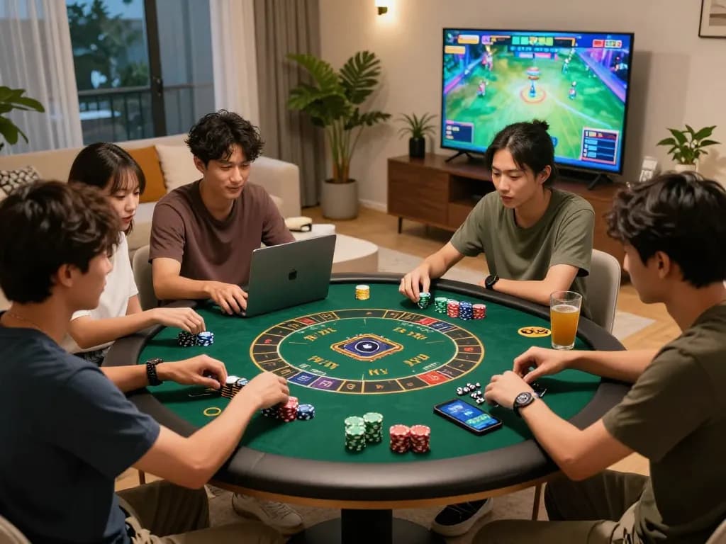 Tài xỉu sunwin gaming night with friends at a stylish round table, colorful chips, and screens displaying gaming interfaces.