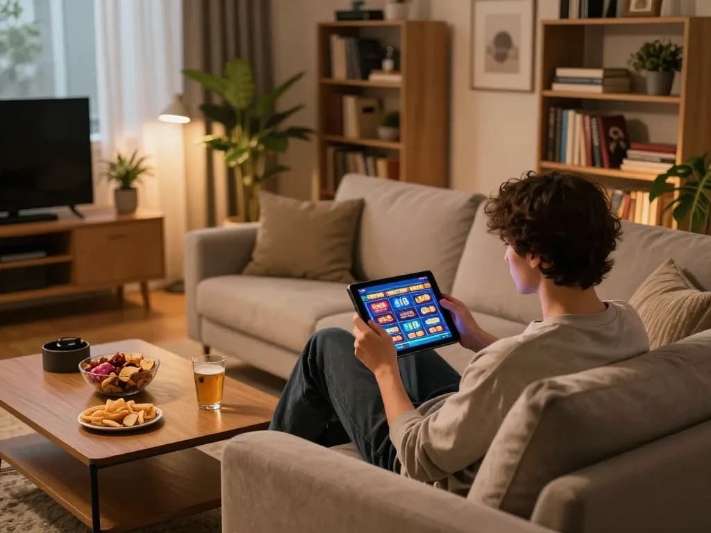 Engaging in online slots at WW88 on tablet in a cozy home setting with snacks.