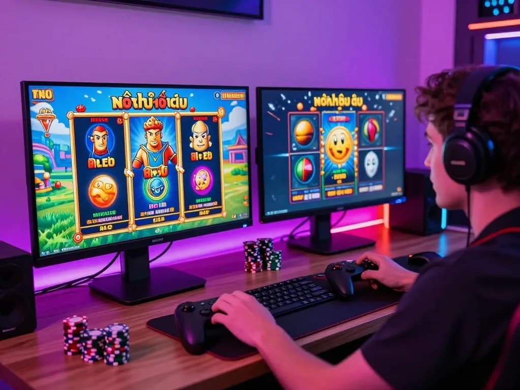 Exciting nổ hũ đổi thưởng online gaming scene with vibrant colors, engaging visuals, and modern setup.
