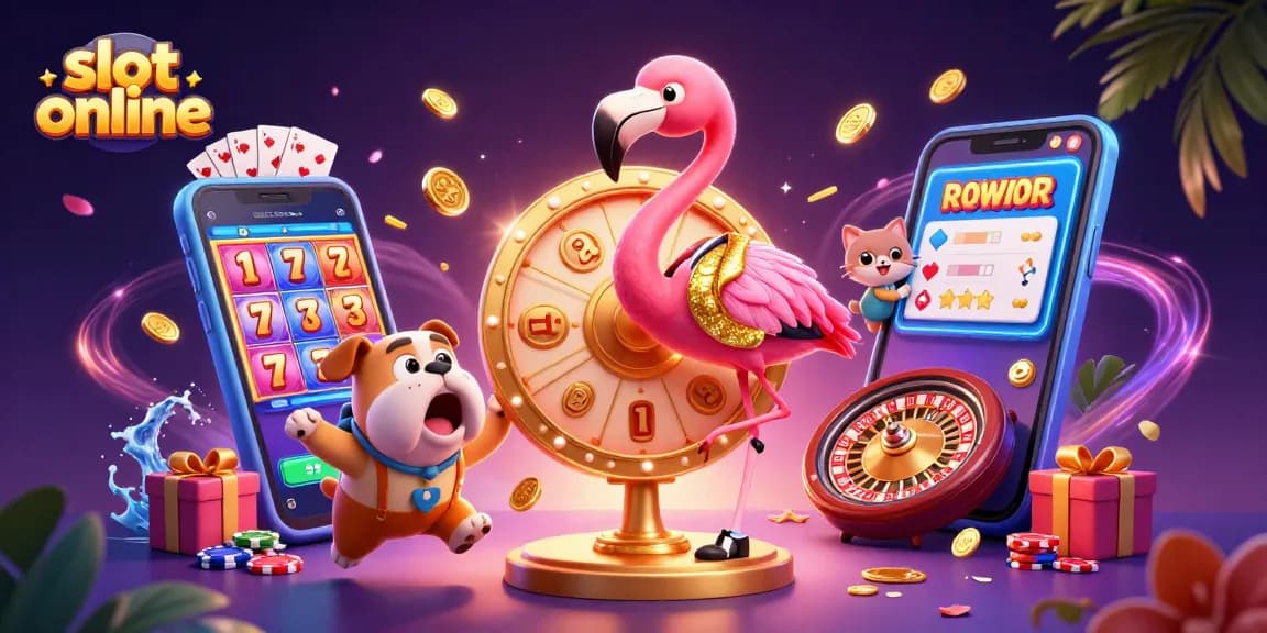 Experience thrilling slot online action with a game show host, bulldog contestant, and vibrant casino elements.