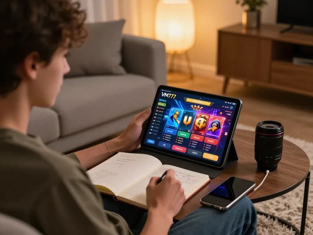 Seorang dewasa muda menggunakan aplikasi kasino online VM777 di tablet sambil merencanakan strategi taruhan di rumah.