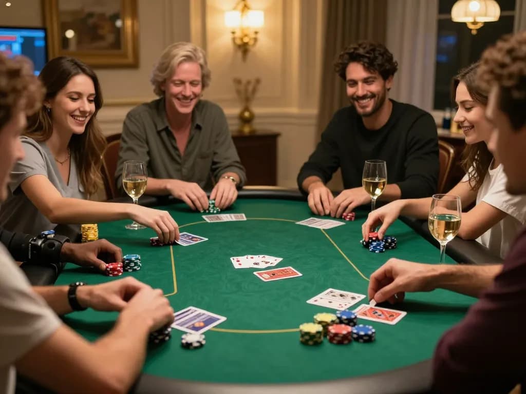 Friends enjoy poker night at a stylish home setup, bonding over strategic gameplay and excitement with VSBET.