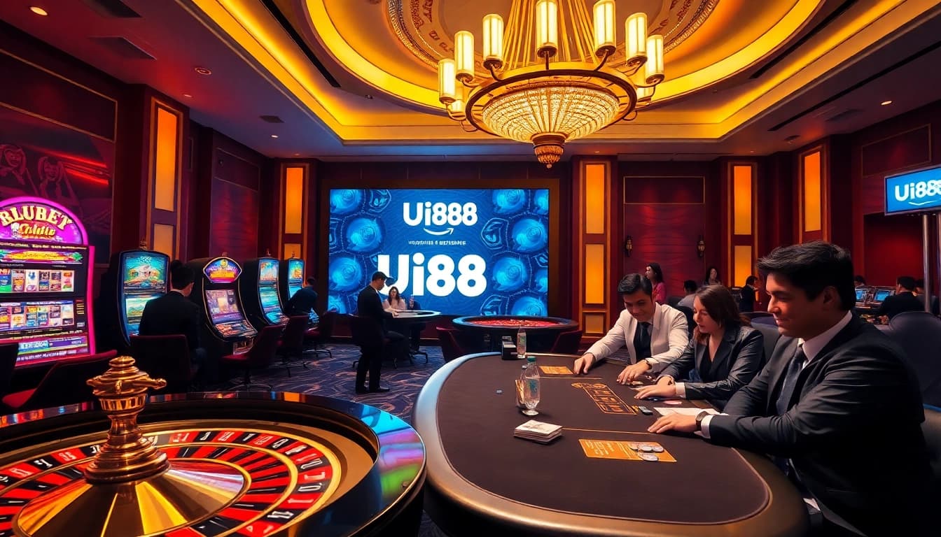 UU88 casino scene featuring a poker table, roulette wheel, and vibrant slot machines.