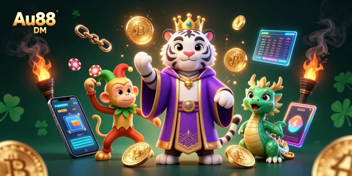 Experience thrilling wins at Au88 DM with vibrant casino elements and animated characters.