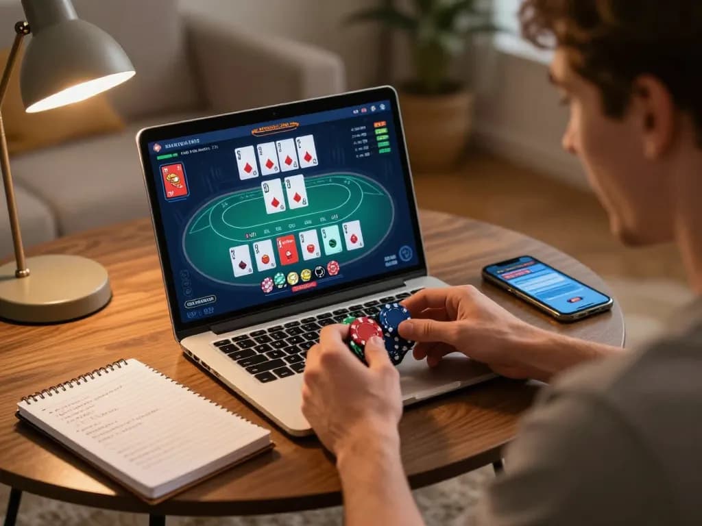 Player engaging in lc88 online poker while analyzing strategies in a cozy home setup.