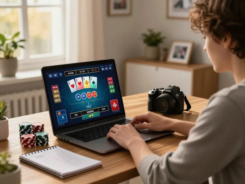 Player strategizing on sunwin poker game interface in a cozy home office setting