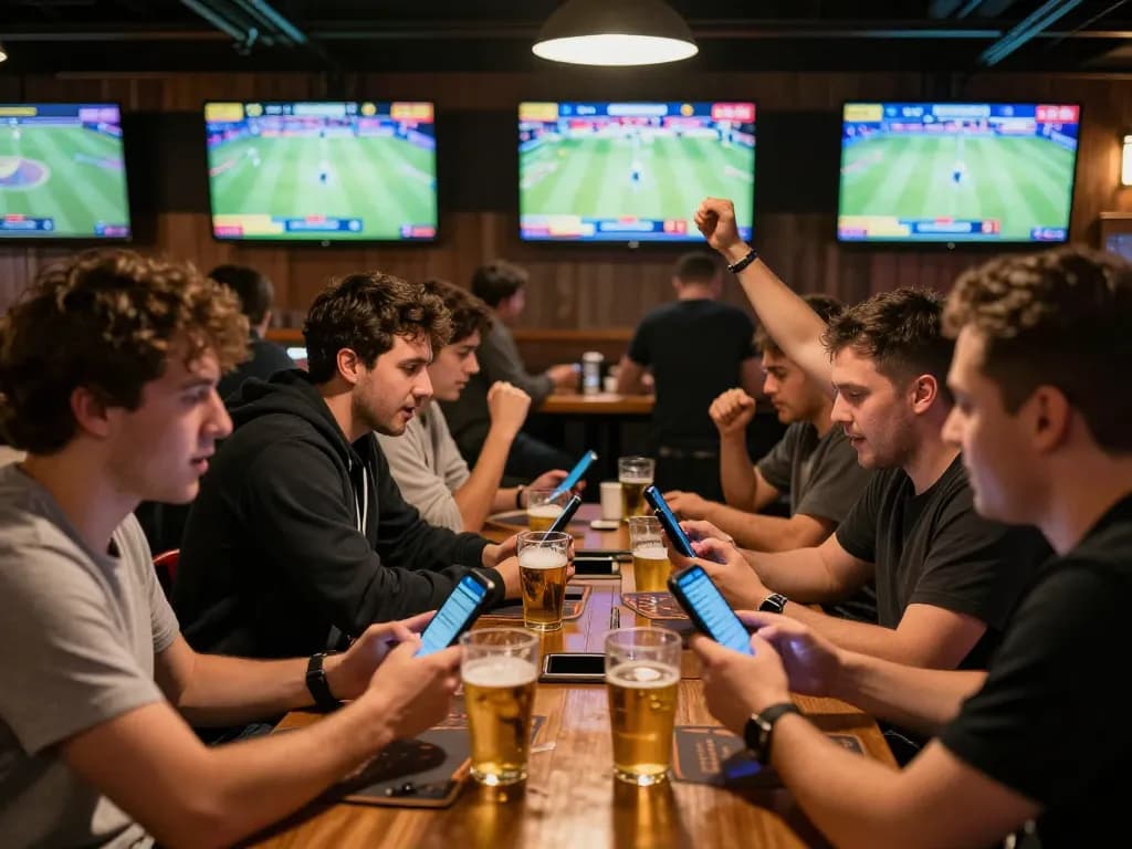 Engaging patrons placing bets at OPEN888 in a vibrant sports bar atmosphere.