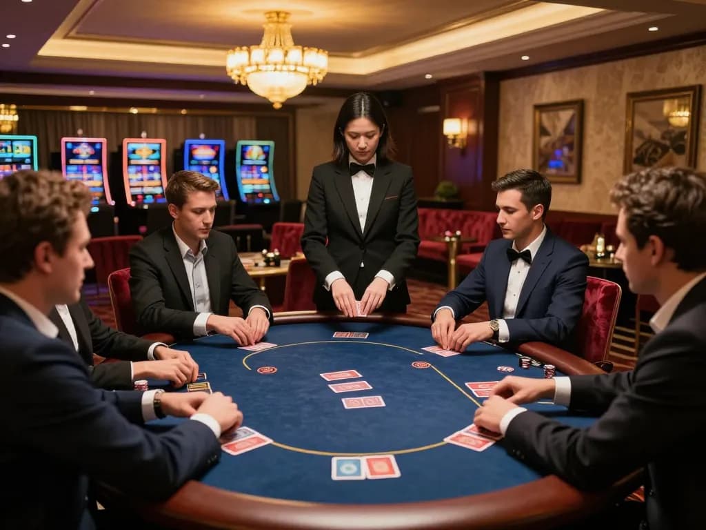 TT88 players enjoying a high-stakes poker game in a luxurious gaming area, showcasing interactive play.