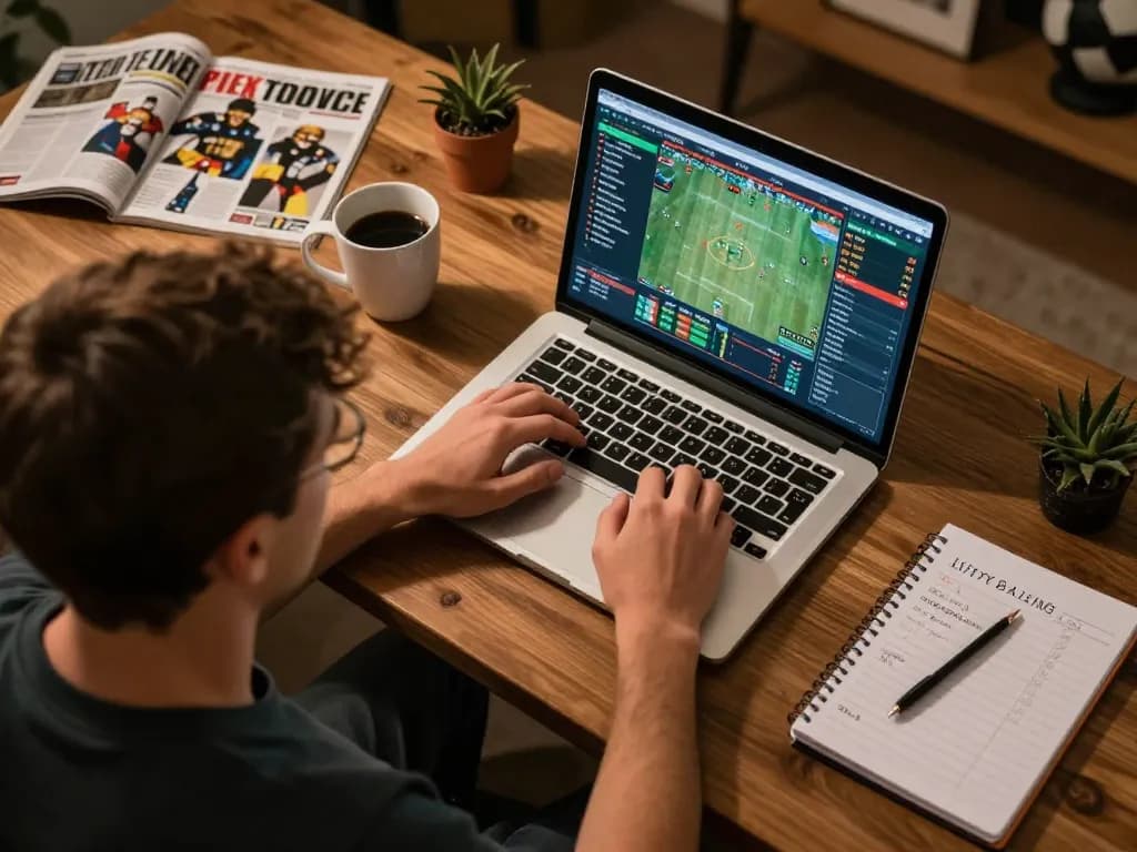 Engaging sports betting scene showing NHÀ CÁI DABET user actively analyzing live odds on a laptop.