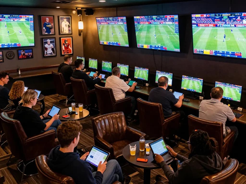 Enthusiastic bettors analyzing odds and placing wagers in a lively sports betting lounge while enjoying the action, soi keo nha cai.