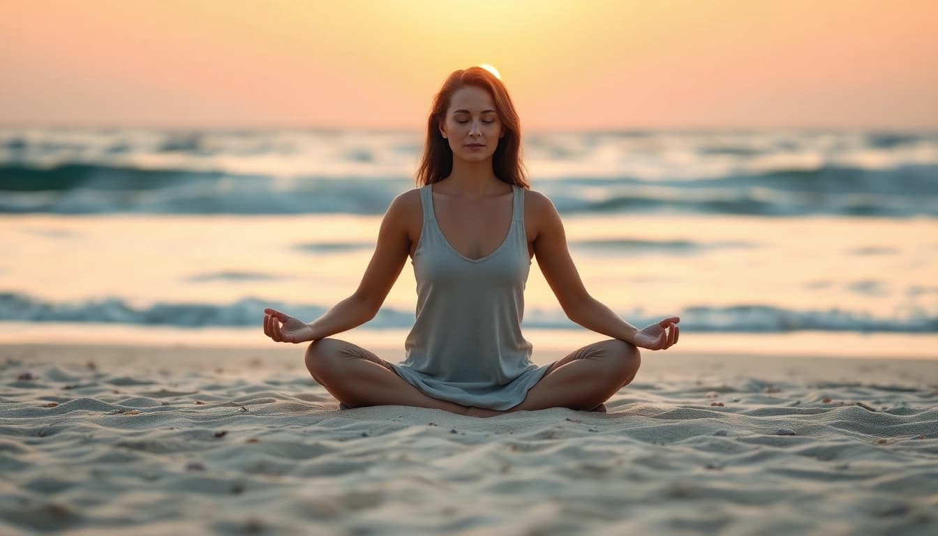 Woman meditating on a beach at sunset, embodying serenity to combat stress and anxiety.
