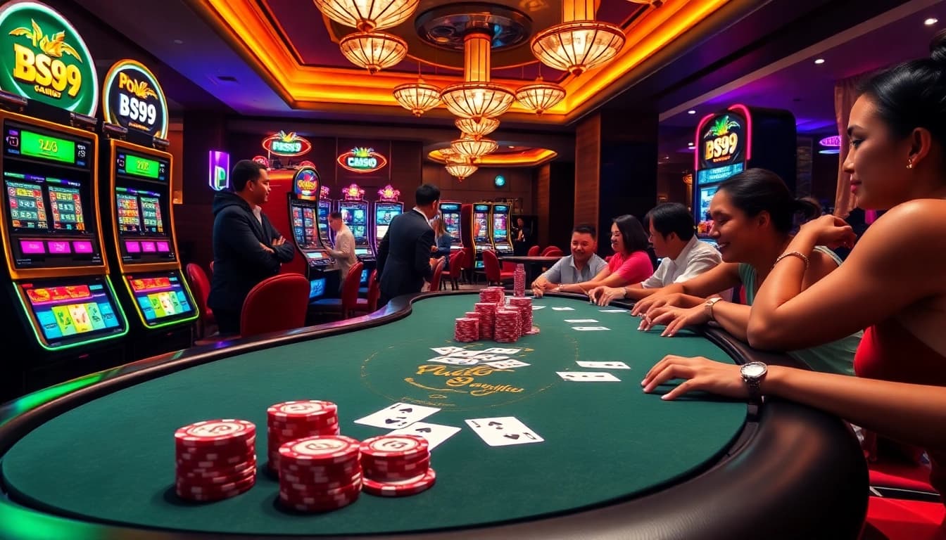 Players enjoying a thrilling poker game at PS99 casino with colorful chips and cards.