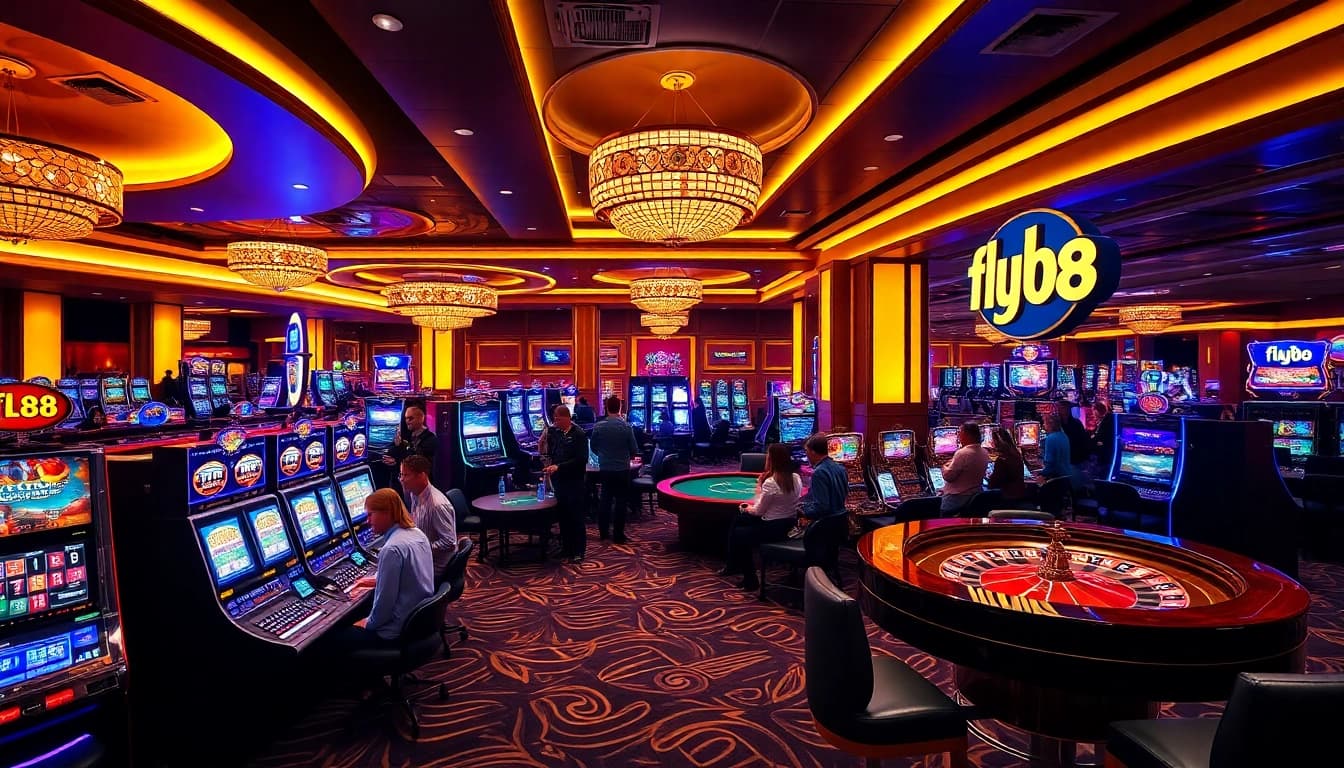 Experience the thrill of fly88 with a vibrant casino scene filled with joyous players and exciting games.
