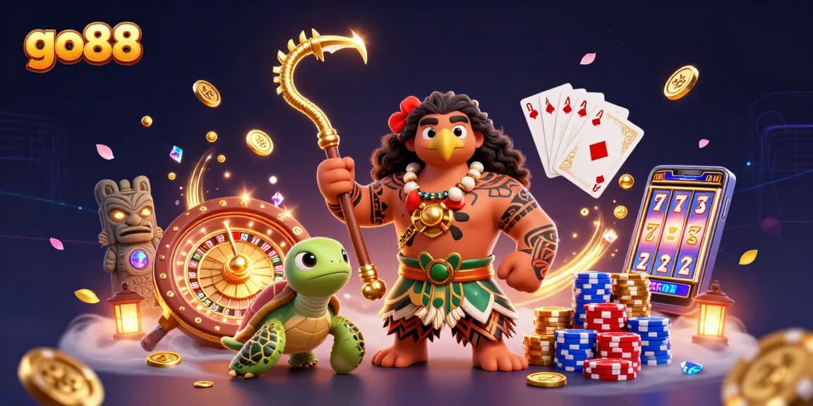 Experience excitement with go88 in this vibrant casino scene filled with sparkling treasures and gambling action.