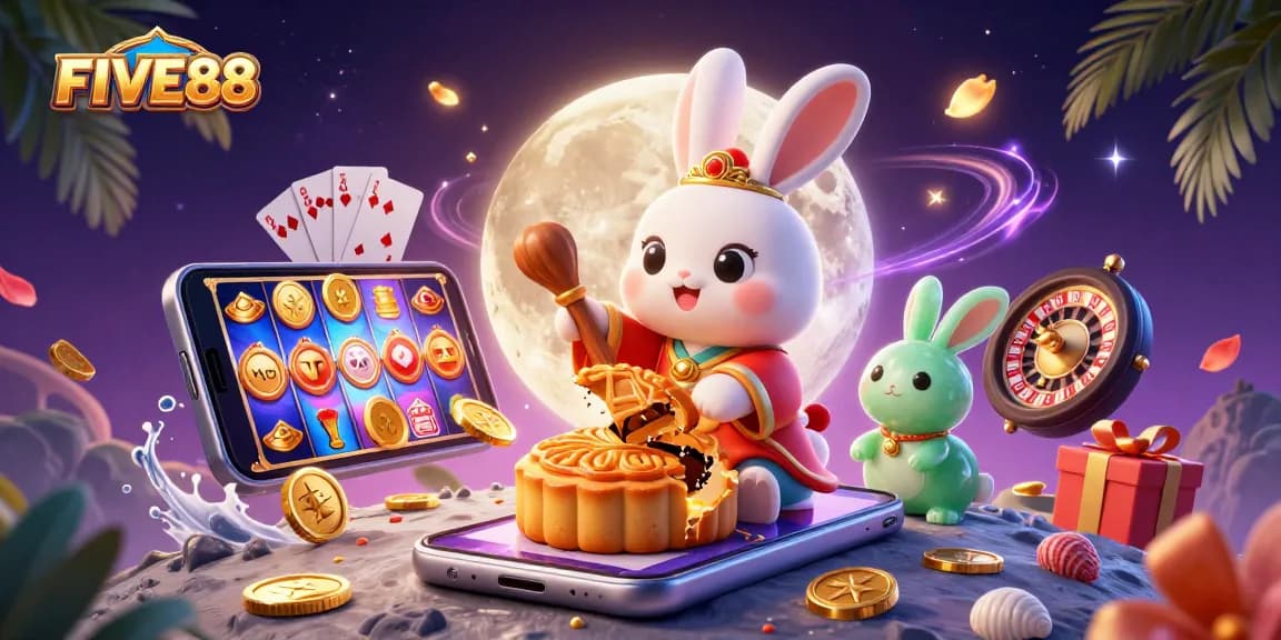 Join the fun at FIVE88 with winning poker chips and exciting slot games in a magical lunar casino scene.