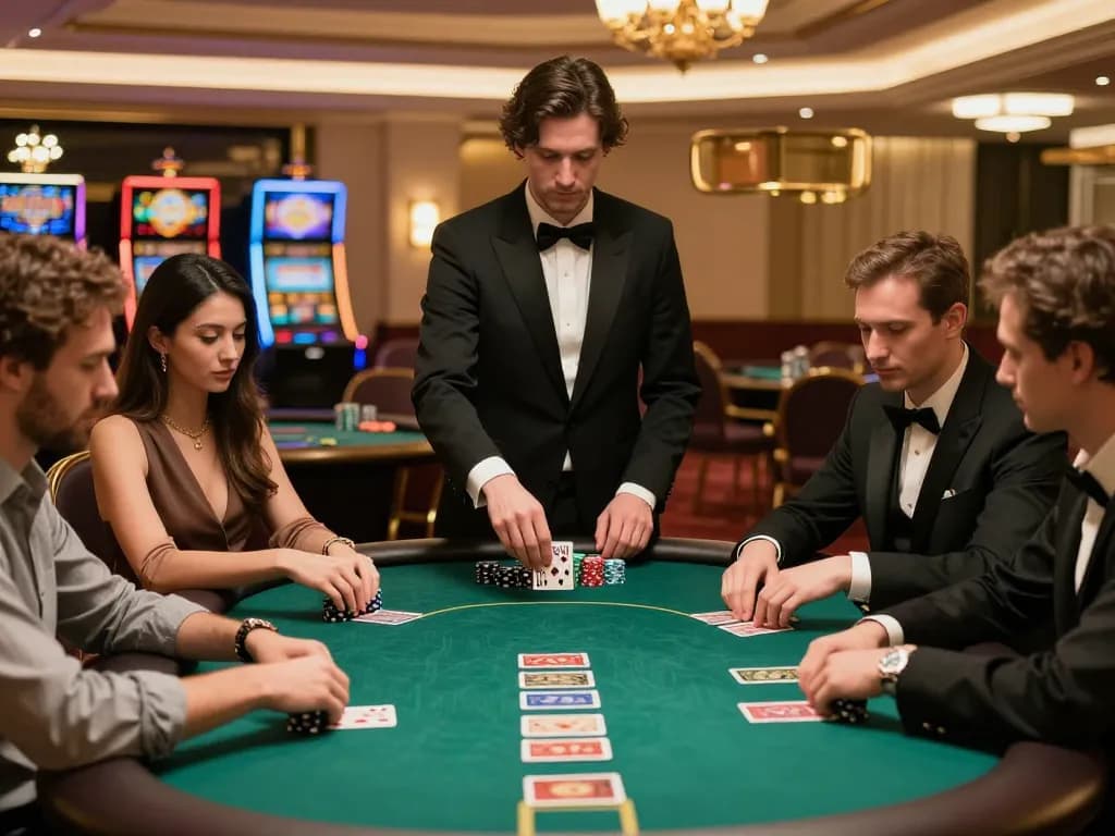 Players engaging in a strategic poker game at LC88 casino amidst elegant décor and warm lighting