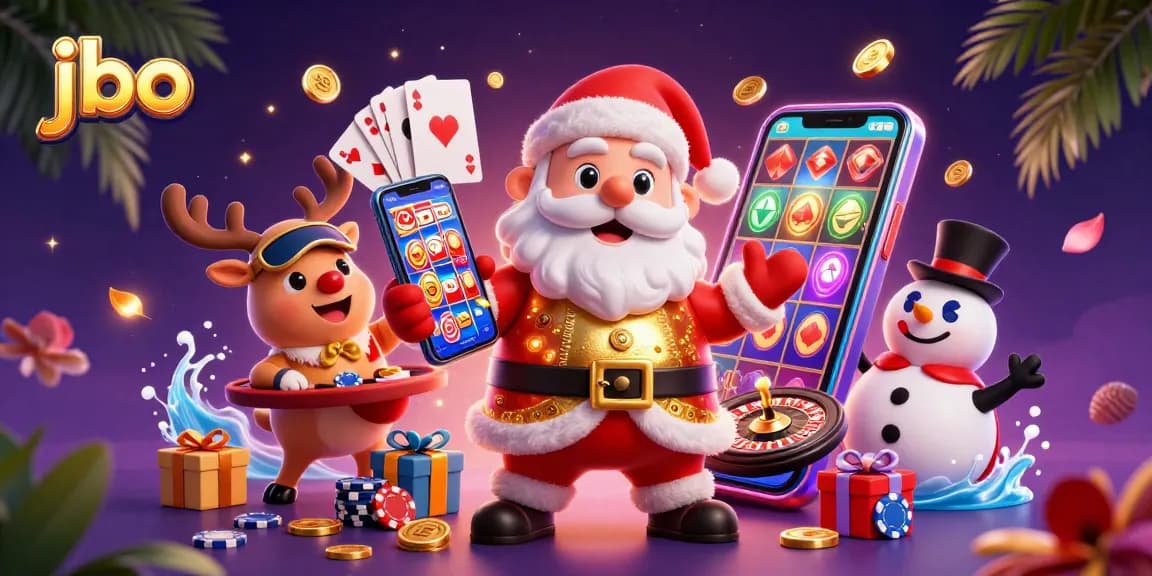 Experience exciting wins and jackpots with jbo in a vibrant casino scene featuring festive characters.