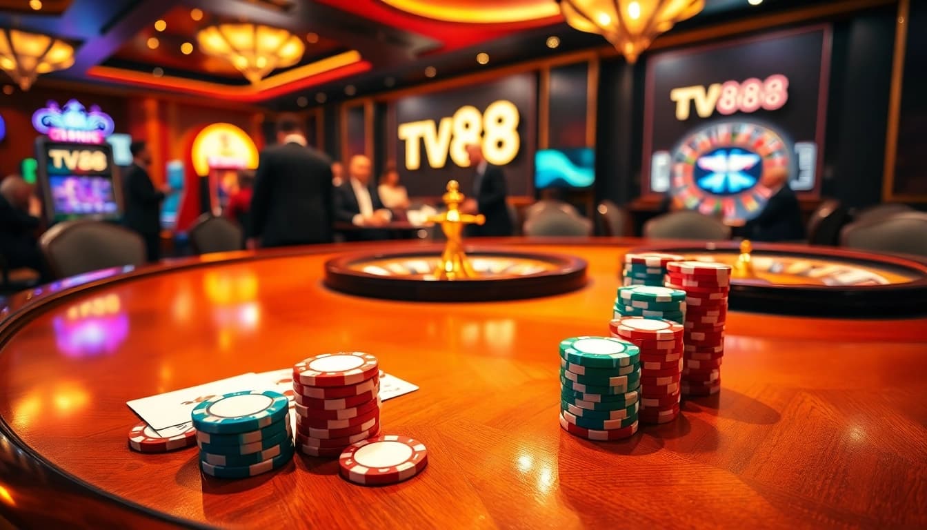 TV88 offers an exciting poker table scene where players engage in high-stakes games.