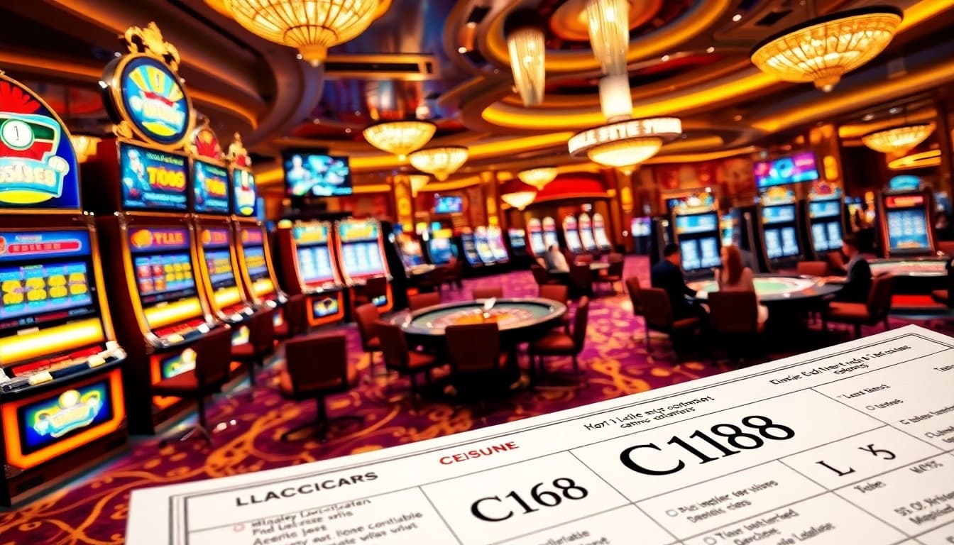 C168 inspires excitement at a vibrant casino with slot machines and poker games.
