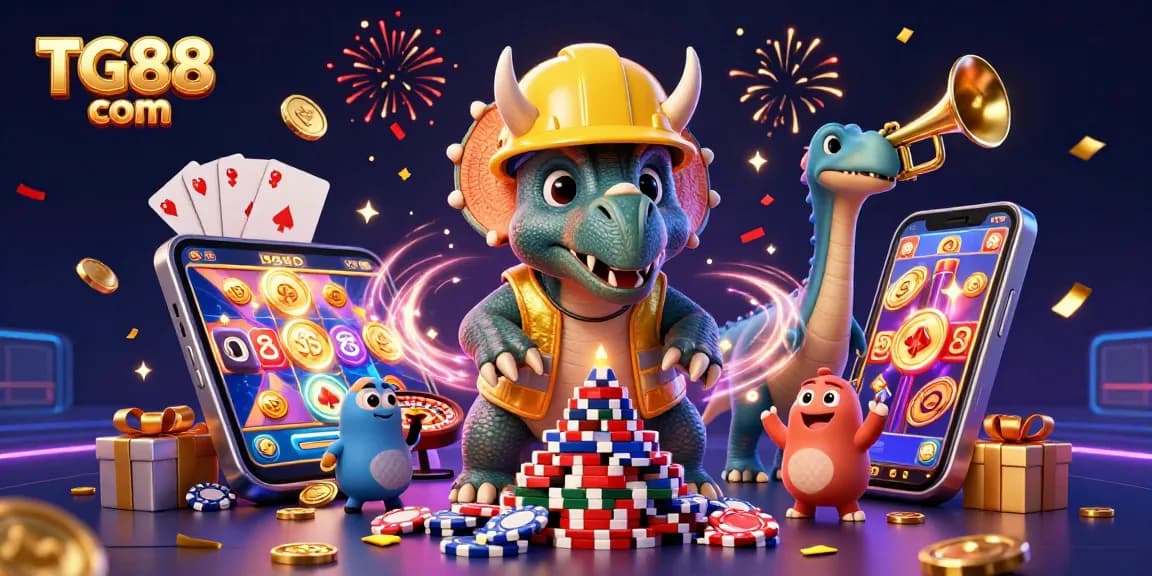 Experience excitement at TG88 com with a vibrant 3D casino illustration featuring characters and gaming elements.