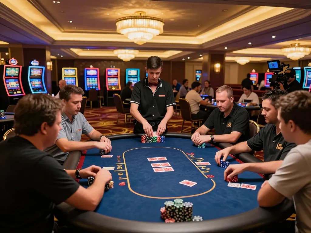 Players engaged in an intense poker game at a luxurious casino, highlighting rachit's strategic gaming.