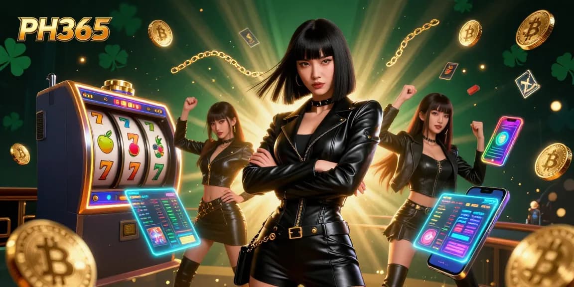 Engage with the thrilling world of PH365 casino games featuring a stunning Asian woman in a powerful stance amidst Bitcoin coins and slot elements.