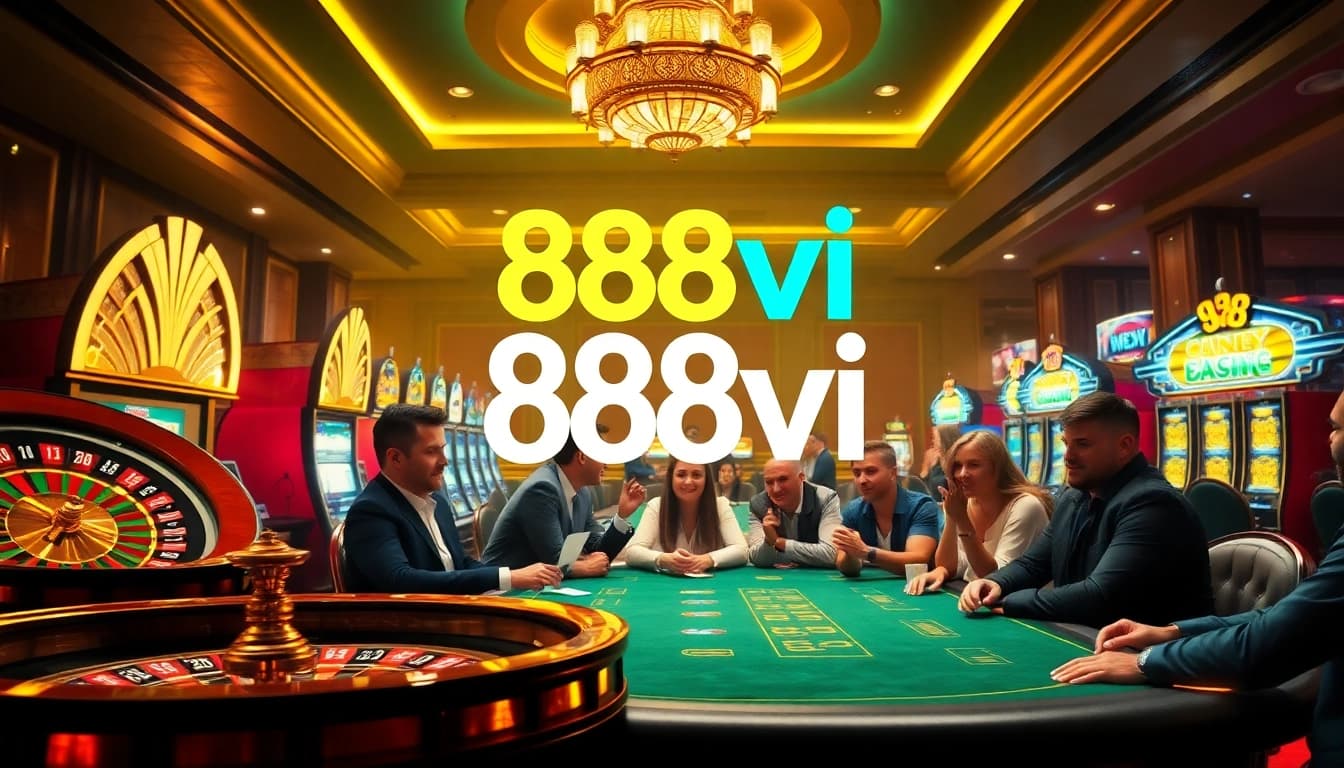 Experience the thrill of 888vi casino games with excited players at a luxurious poker table.