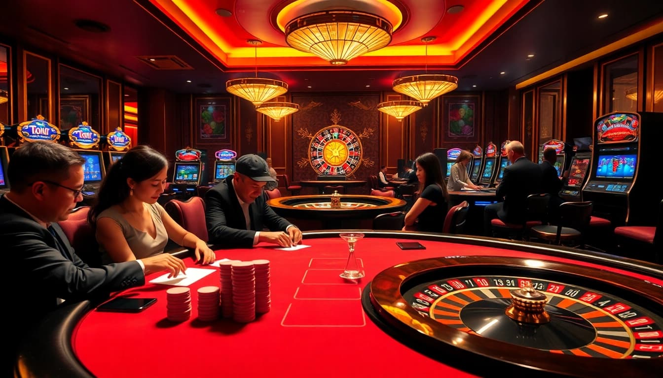 Experience the excitement of trang chủ c168 with luxurious casino elements and friendly gamblers at a table.