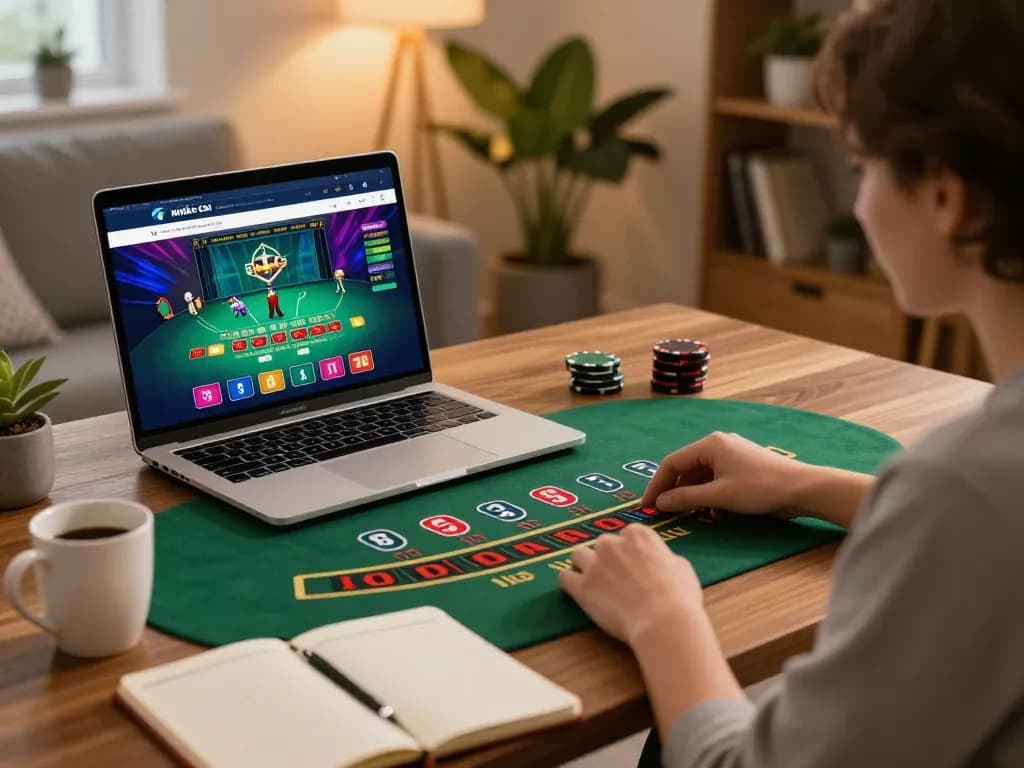 Engaged player at NHÀ CÁI FABET online casino with live blackjack on laptop, warm home setting
