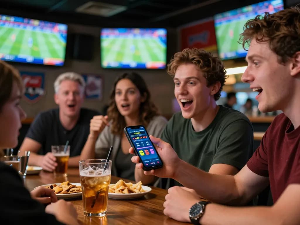 Person placing sports bets on CM88 app in vibrant bar setting, capturing excitement and social interaction.