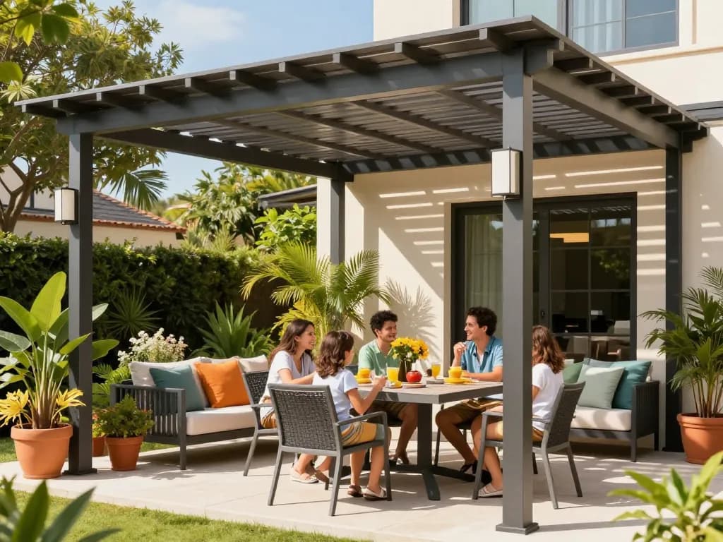 Famiglia vivace riunita sotto un elegante configuratore pergole 3D in un patio soleggiato.