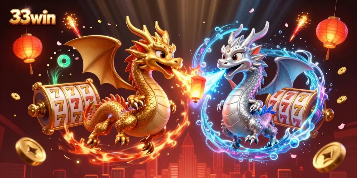 Engage in the thrilling experience of 33win with vibrant dragons and casino elements.